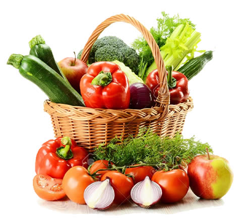 basket of vegetables with tomatoes, eggplant and peppers